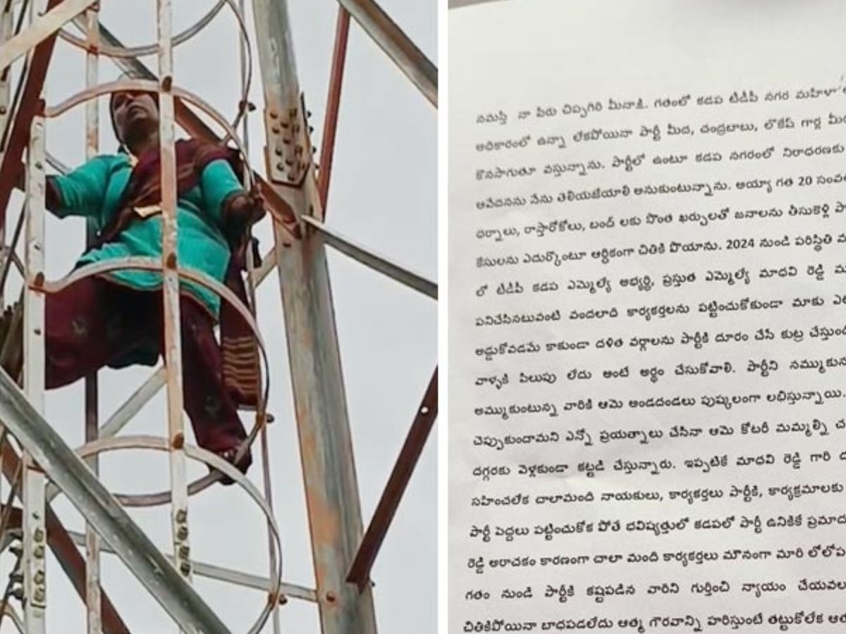 TDP woman leader climbs cell tower in Kadapa