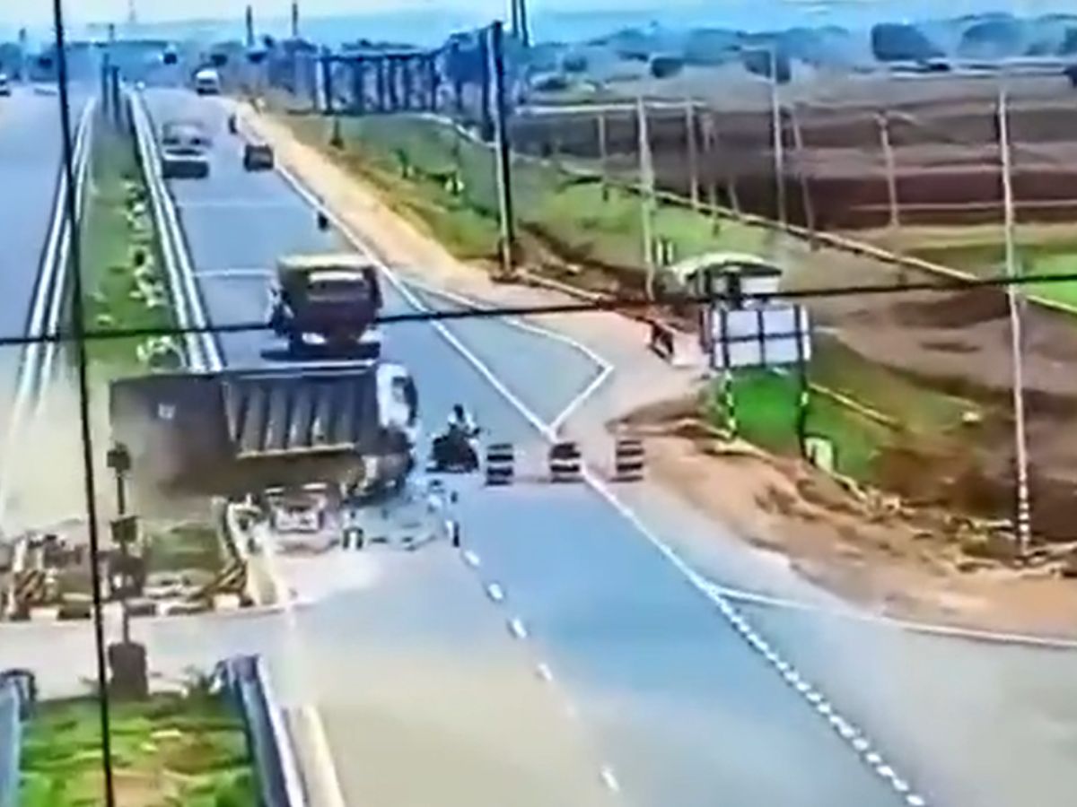 A serious road accident in AP Tipper rammed into a bike due to a mishap Motorists seriously injured