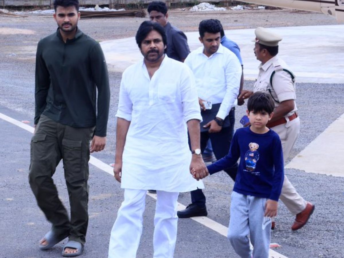 AP Deputy CM Pawan Kalyan with his elder son Akira Nandan and younger son Mark Shankar
