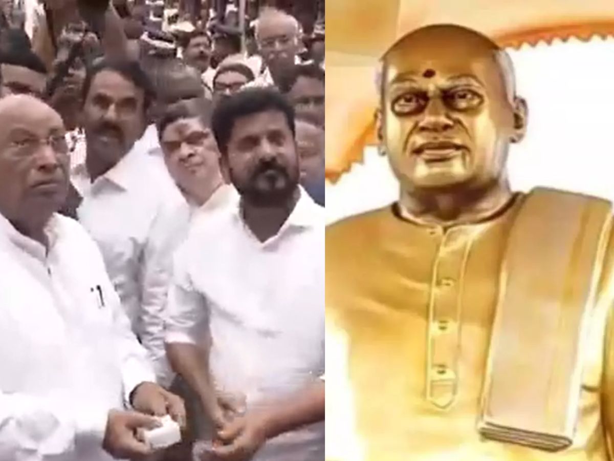 Mallikarjun Kharge and Revanth Reddy unveil the statue of former Congress Chief Minister Rosaiah at Lakdikapool in Hyderabad.