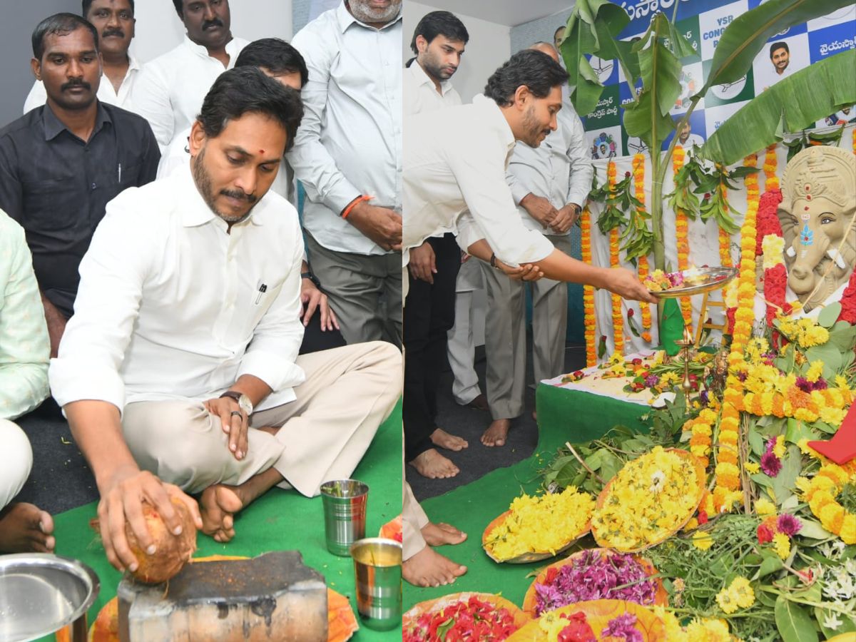 Jagan breaks coconut and offers aarti to Lord Ganesha