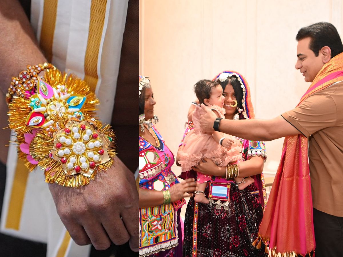 Lagacharla girl Jyoti and tribal women tie rakhi to KTR