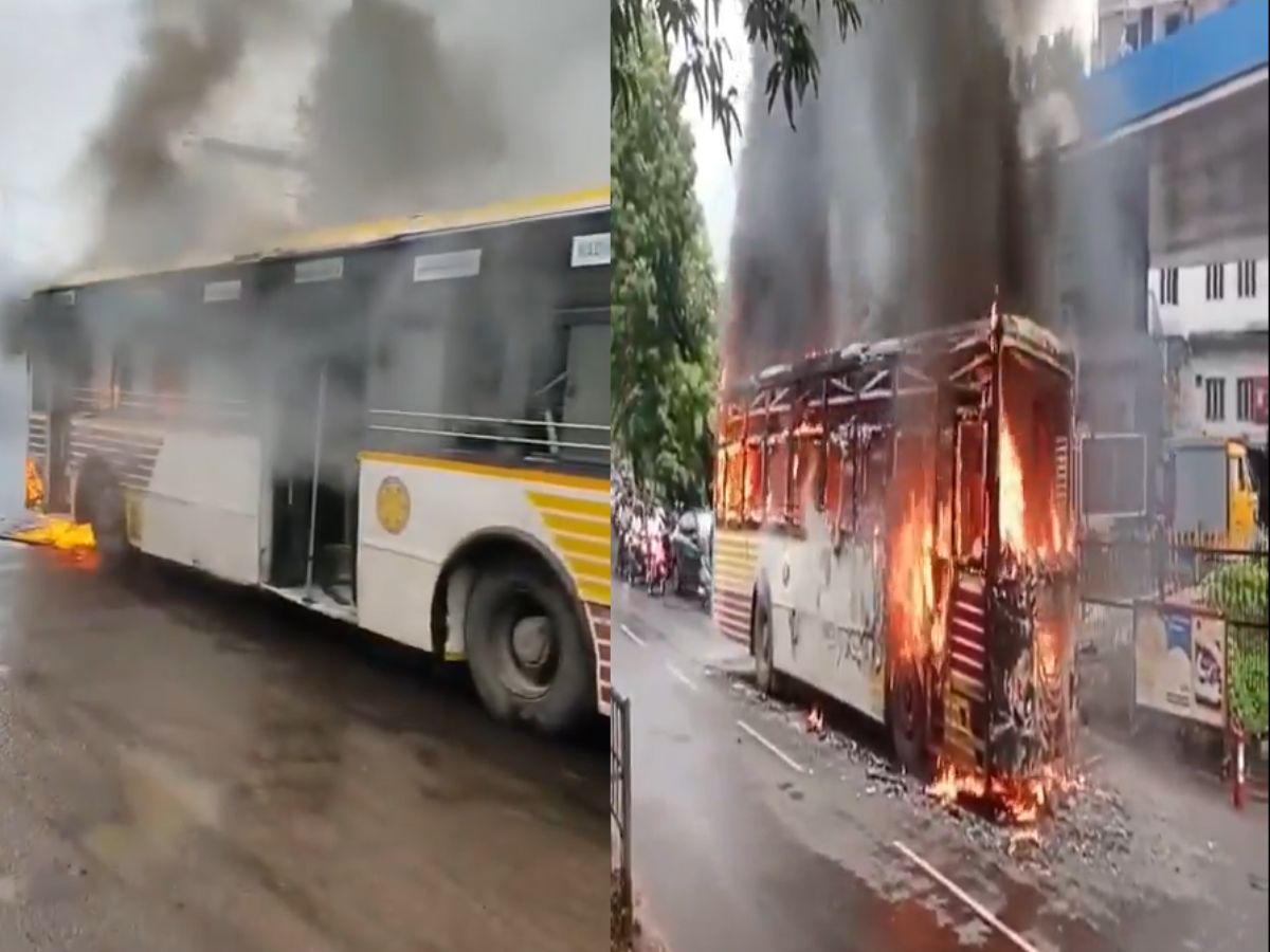RTC bus burnt on the road in Visakhapatnam