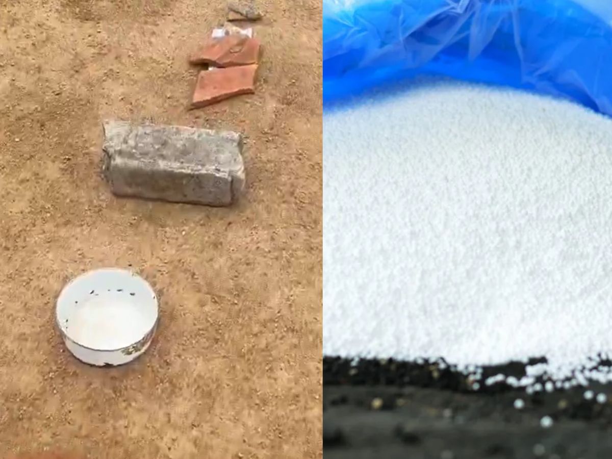 Straws, sandals, bowls, cans, and brick pails in line for urea