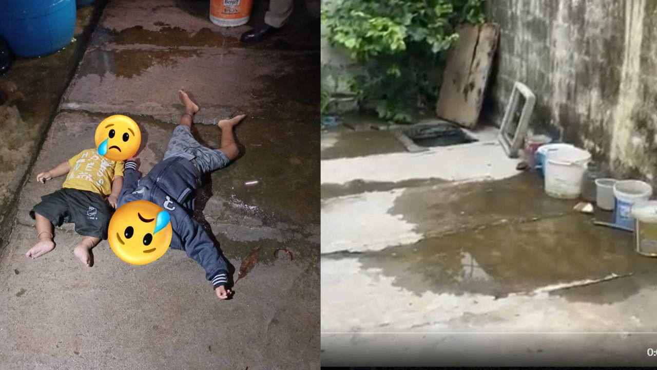Mother jumps into a pool of water with two children