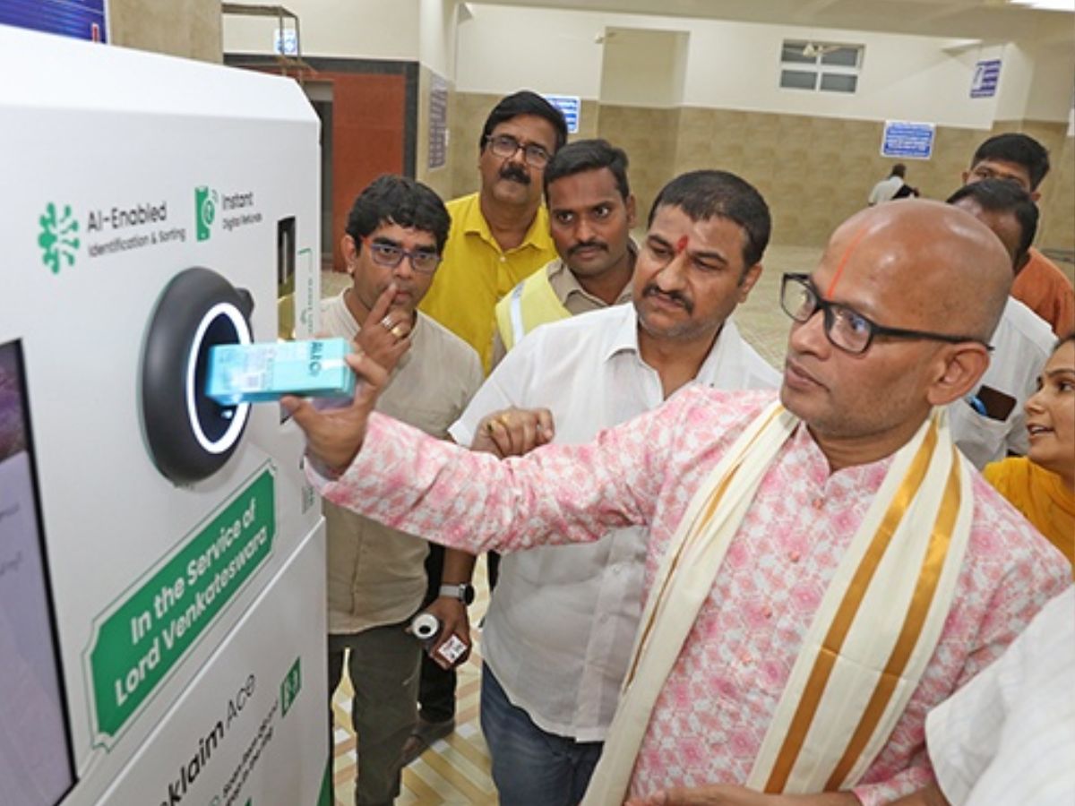 A recycling machine has been installed at Tirumala PAC-5 to collect plastic waste