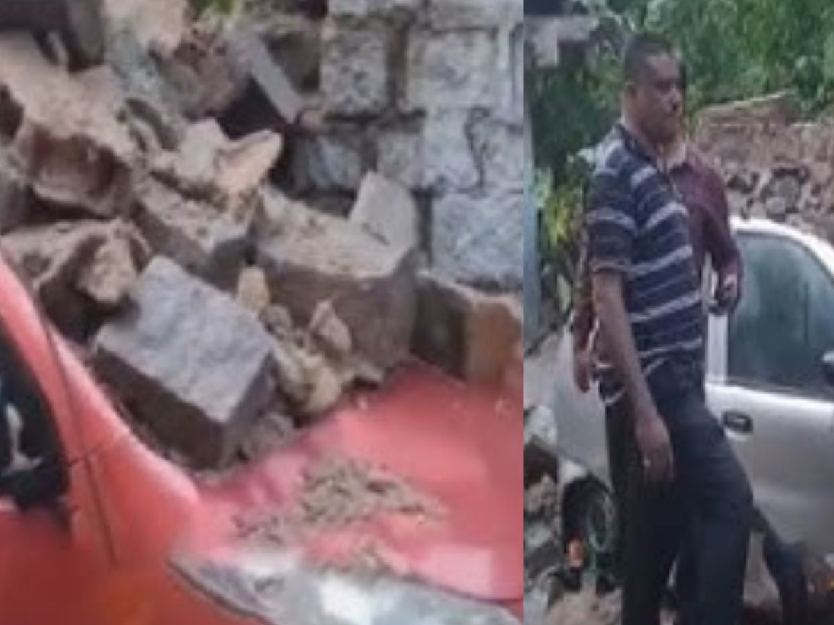Wall Collapse Damages Two Cars in Habeeb Nagar Hyderabad Rains