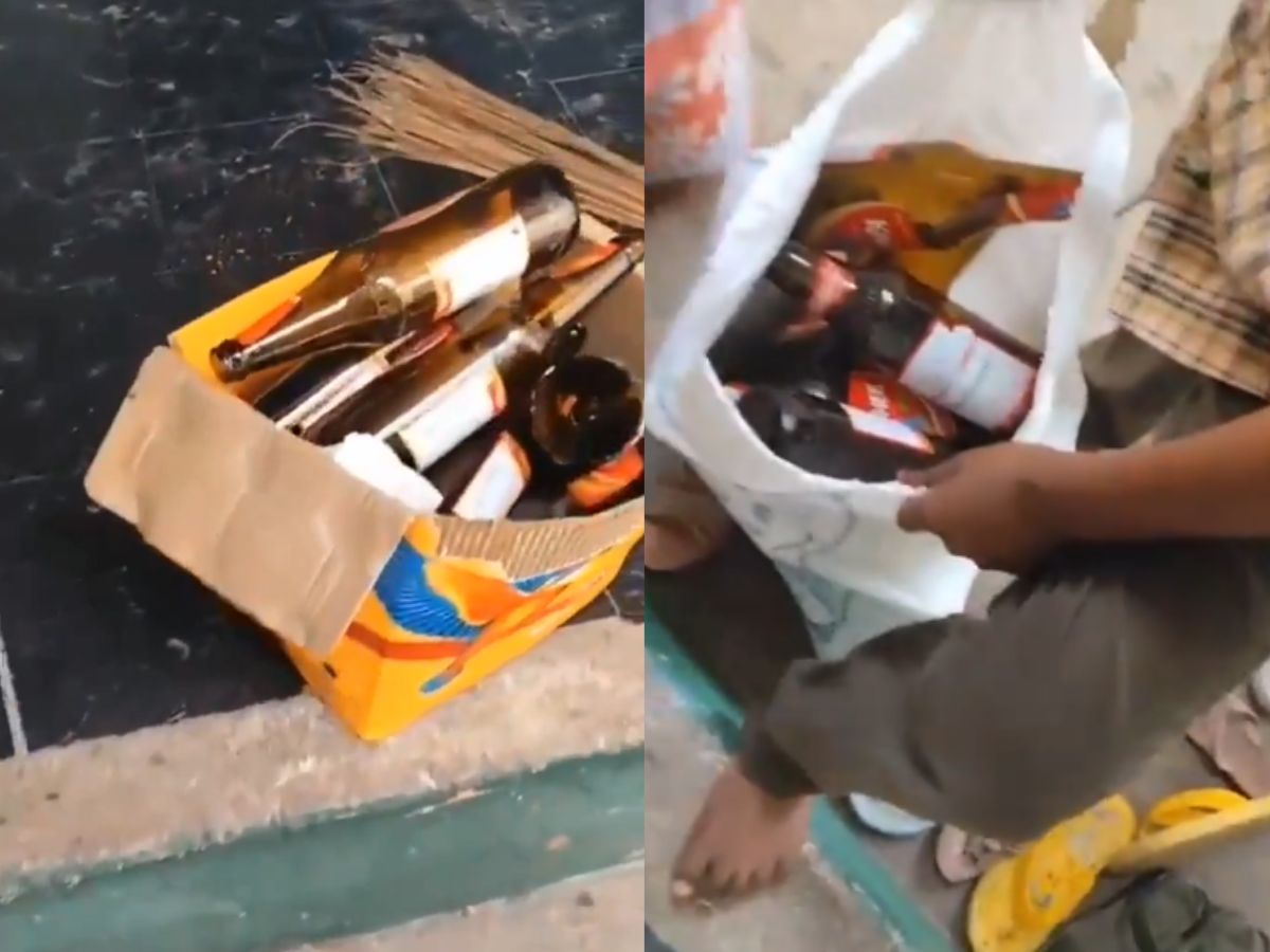 Students collecting liquor bottles in a government school